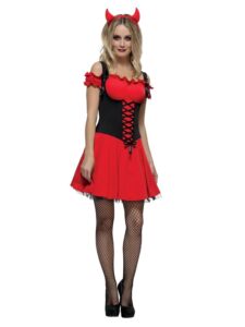 Smiffys Fever Kollektion, Verführerisches Teufelskostüm für Damen, Rot, inklusive Kleid, Unterrock und Teufelshörner