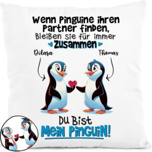 Tassenliebling® Personalisiertes Dekokissen für Paare - 'Du bist mein Pinguin' - Individuelles Geschenk für ihn zum Jahrestag - Partner-Kissen - Romantische Geschenke -...