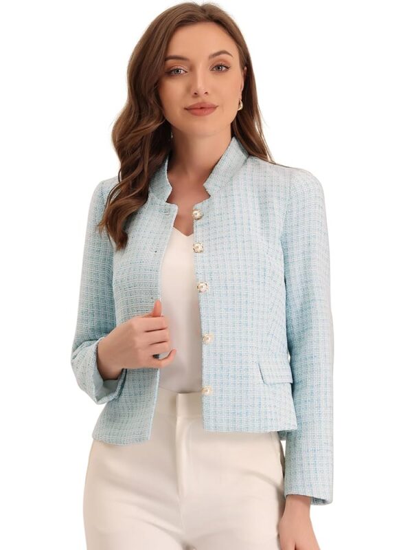 Allegra K Damen Langarm Blazer aus kariertem Tweed mit Knopf-Dekor für Büro und Arbeit