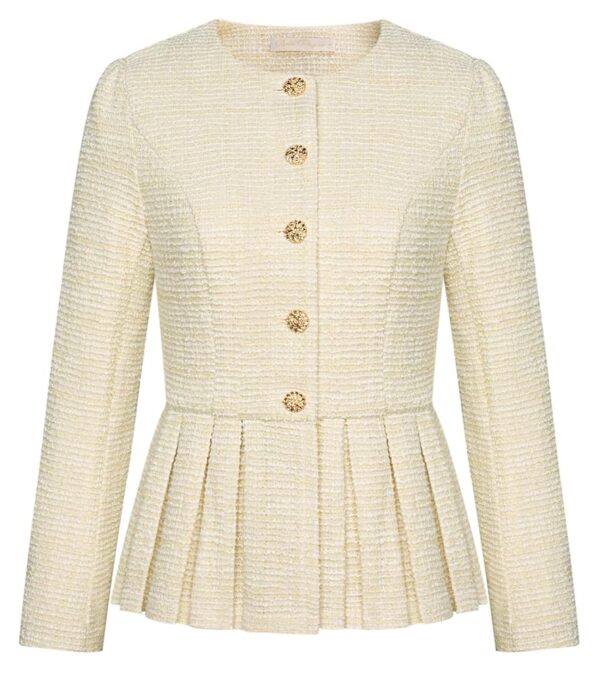 Belle Poque Damen Jacke ohne Kragen mit Rundhalsausschnitt, Knopfleiste und Rüschensaum – Casual Blazer für Büro und Freizeit