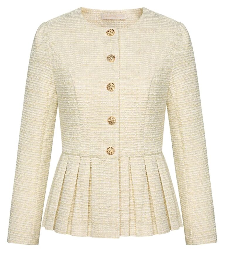 Belle Poque Damen Jacke ohne Kragen mit Rundhalsausschnitt, Knopfleiste und Rüschensaum – Casual Blazer für Büro und Freizeit