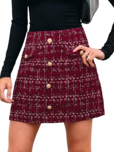 CUPSHE Damen Hochbundrock mit Knöpfen im Karo-Tweed Design – Eleganter kurzer Minirock