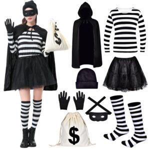 Damen Aragallant Räuber Kostüm Set, 8-teilig - Inklusive Hut, Maske, Hemd, Umhang, Röcken, Handschuhen, Geldbeutel und Kniestrümpfen, ideal für Dieb-, Verbrecher- und...