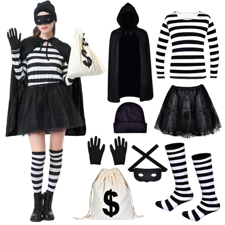 Damen Aragallant Räuber Kostüm Set, 8-teilig - Inklusive Hut, Maske, Hemd, Umhang, Röcken, Handschuhen, Geldbeutel und Kniestrümpfen, ideal für Dieb-, Verbrecher- und...