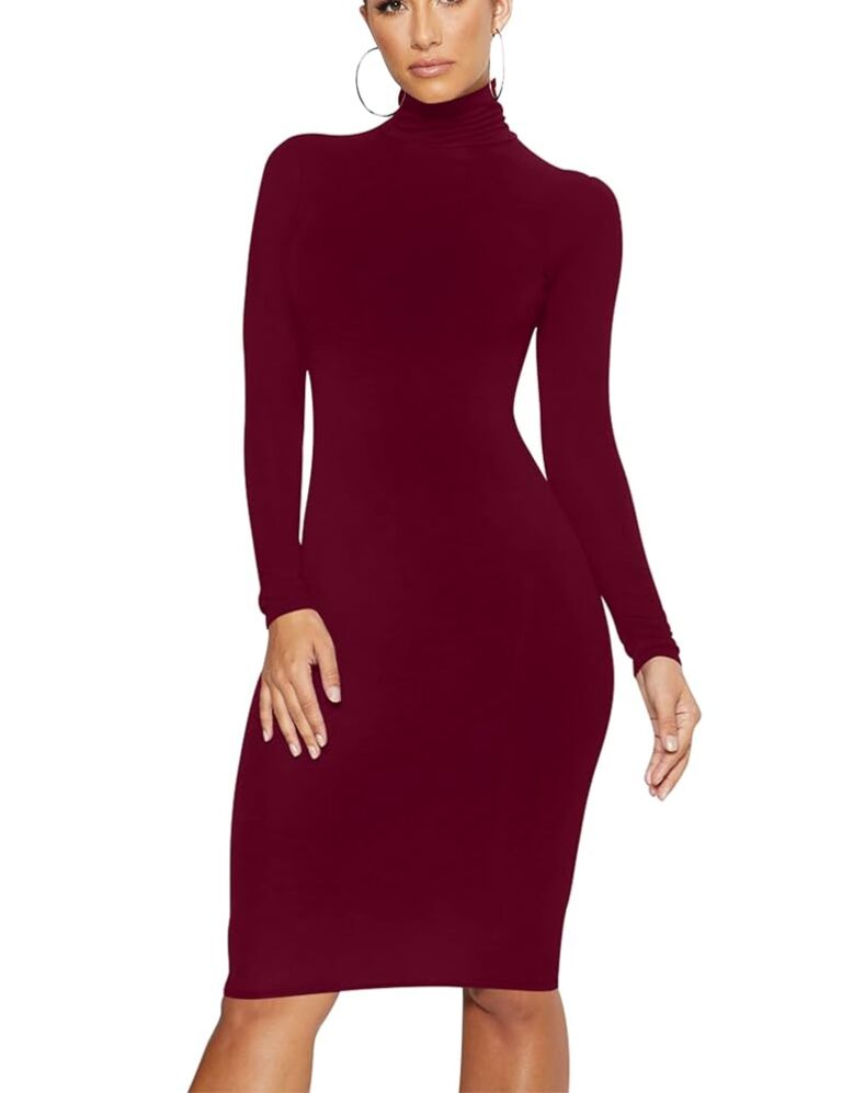 Damen Casual Langarm Rollkragen Midi Bleistiftkleid sexy für Club und Party