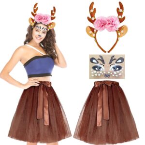 Echehi Reh Kostüm für Damen – Karnevalskostüm mit Reh-Haarreif, 50 cm braunem Tüllrock und Rentier-Gesichtstattoos, ideal für Mottopartys und Fasching