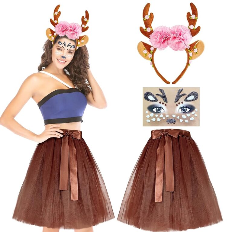 Echehi Reh Kostüm für Damen – Karnevalskostüm mit Reh-Haarreif, 50 cm braunem Tüllrock und Rentier-Gesichtstattoos, ideal für Mottopartys und Fasching
