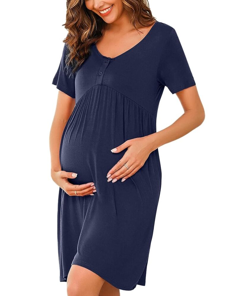Ekouaer Damen Stillnachthemd Kurzarm - Mutterschaftskleid mit Knopfleiste und V-Ausschnitt für schwangere oder stillende Frauen