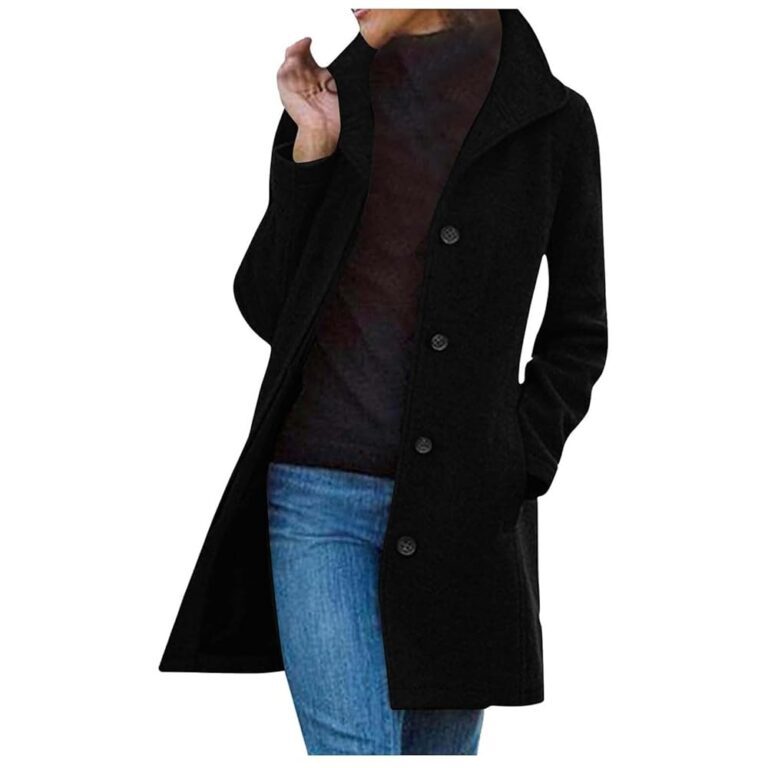 EWFAS Damen Trenchcoat - Eleganter schwarzer Wollmantel mit Umlegekragen, zweireihig, langärmlig, in großen Größen, winddicht, einfarbig für den Winter, verstellbar für den Herbst