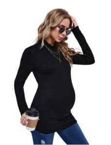 Floerns Damen Stilloberteile mit Mock Neck, Langarm, Rippstrick T-Shirt in Schwarz, Größe L