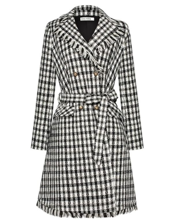 GRACE KARIN Damen Wintermantel Trenchcoat Elegante knielange A-Linie Jacke mit Gürtel und Taschen für Herbst und Winter