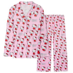 Hello Kitty Damen Langschlafanzug Set – Pyjama mit Hose und Oberteil mit Knopfleiste