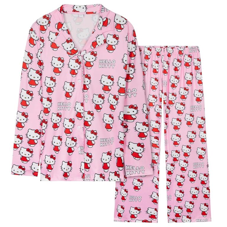 Hello Kitty Damen Langschlafanzug Set – Pyjama mit Hose und Oberteil mit Knopfleiste