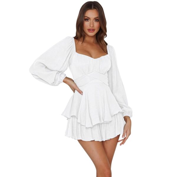 IMEKIS Damen Off-Shoulder Rüschen Jumpsuit - Einfarbiger Langarm Shorts Overall aus Chiffon - Elegantes kurzes Boho Minikleid für den Sommer