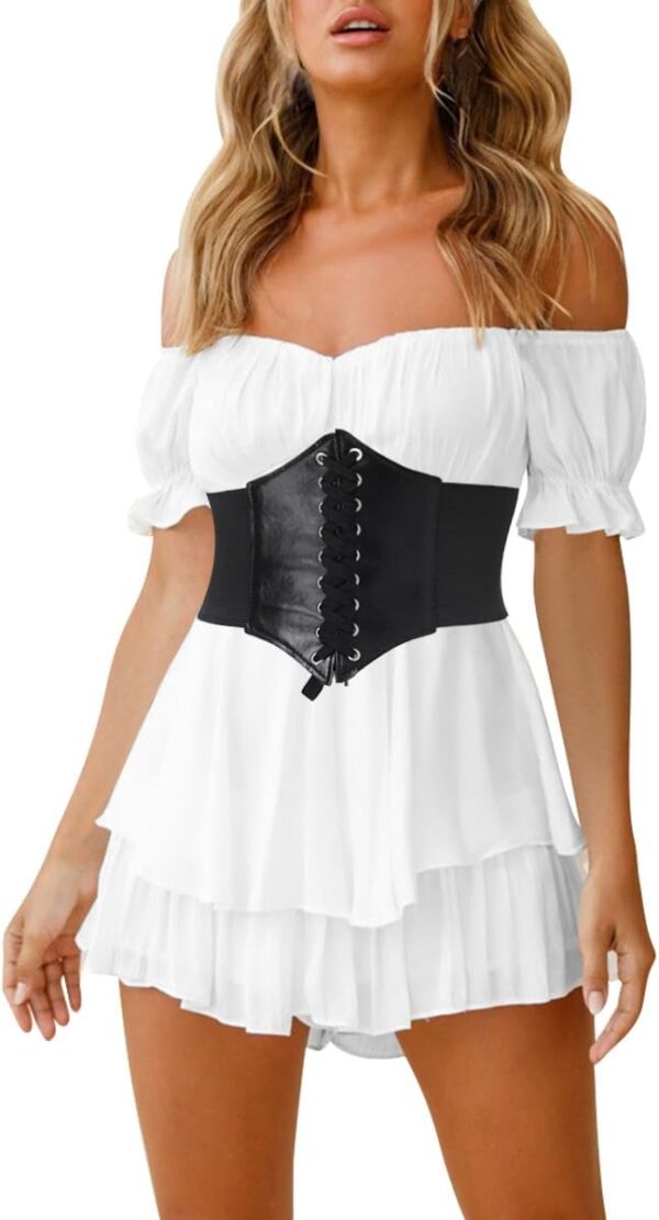 IMEKIS Damen Piraten Halloween Kostüm Off-Shoulder Kurzjumpsuit Boho Kleid mit Rüschen - Elegantes Casual Minikleid im Renaissance-Stil mit Korsett-Design