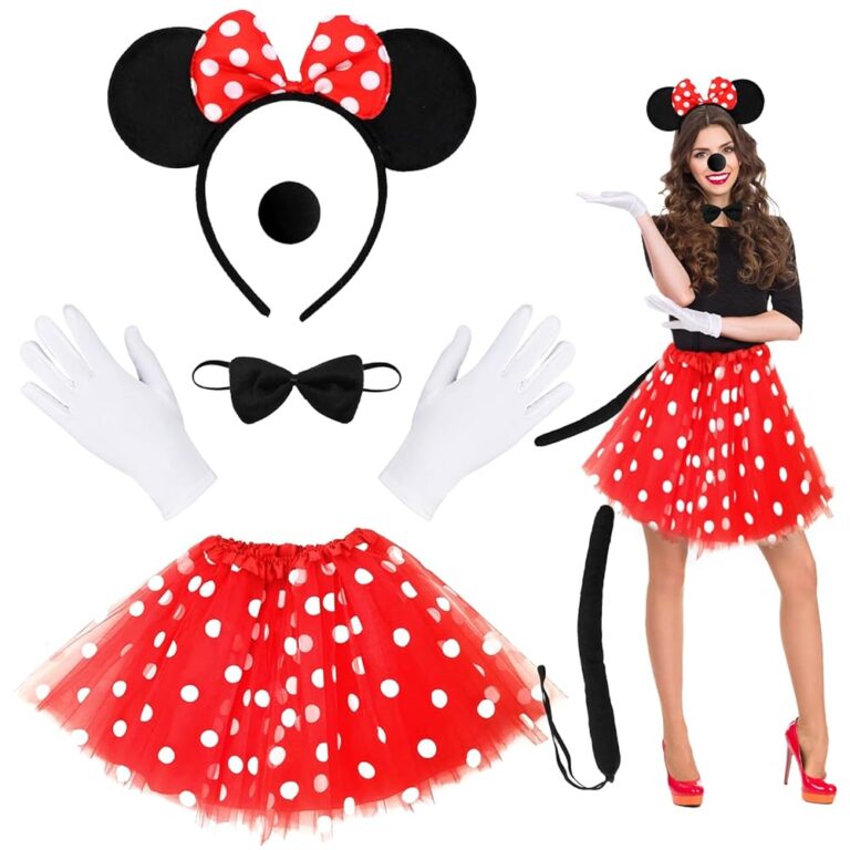 Jeinbuil 5-teiliges Mini-Mäusekostüm für Damen, Faschingskostüm in Rot mit Tutu, weißen gepunkteten Ohren, Handschuhen, Nase und Fliege - Karnevalskostüme für Frauen