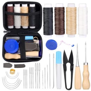 Leder-Nähset: Werkzeugset für Lederhandwerk mit Wachsfaden, Ledernadel, Nähahle, Fadenschere, Fingerhut, Maßband und Aufbewahrungstasche zur Lederpolsterreparatur