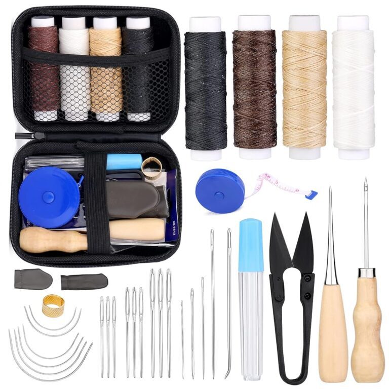 Leder-Nähset: Werkzeugset für Lederhandwerk mit Wachsfaden, Ledernadel, Nähahle, Fadenschere, Fingerhut, Maßband und Aufbewahrungstasche zur Lederpolsterreparatur