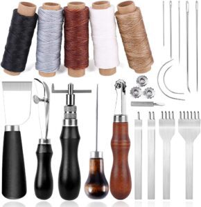 Leder-Nähwerkzeug-Set: DIY-Set mit 5 Farben Wachsfaden, Nähnadeln, Locher, Meißel, Schneidmesser, Groover und weiteren Werkzeugen für das Nähen und Schneiden von Leder