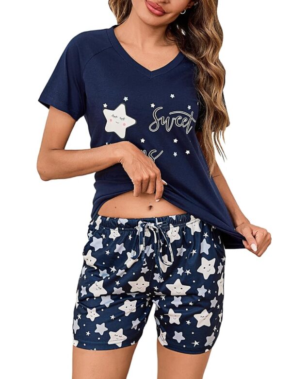 Litherday Damen Schlafanzug Set - Kurze Pyjama mit Sternenprint, Kurzarm Nachtwäsche, Baumwolle, Sommer V-Ausschnitt Loungewear