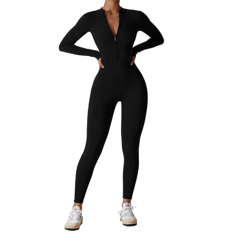 OEAK Damen Sportanzug Langarm Jumpsuit mit Rollkragen und Reißverschluss – Nahtloser Bodycon Einteiler für Yoga und Fitness