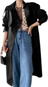 Onsoyours Damen Trenchcoat aus Leder – Eleganter Herbstmantel, langer PU-Leder Wintermantel, Windjacke, einfarbig mit Revers für die Übergangszeit