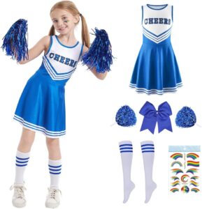 PASLFC Kinder Cheerleader Kostüm, Mädchen Cheerleading Outfit, Uniformkleid für Cheerleading, Kinder Cheer Outfit mit Pompoms und Socken, ideales Kinderkostüm für Karneval