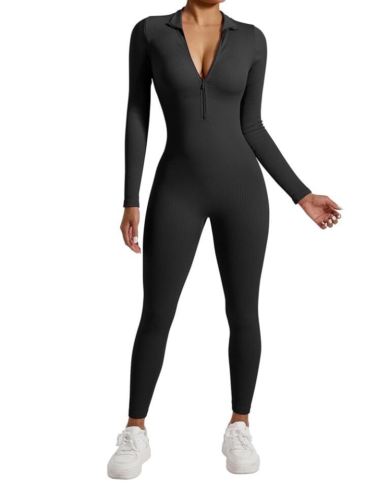 RXRXCOCO Damen Langarm Jumpsuit mit Reißverschluss, Enger Rundhalsausschnitt, Bauchweg-Einteiler für Sport und Yoga, Overall Romper
