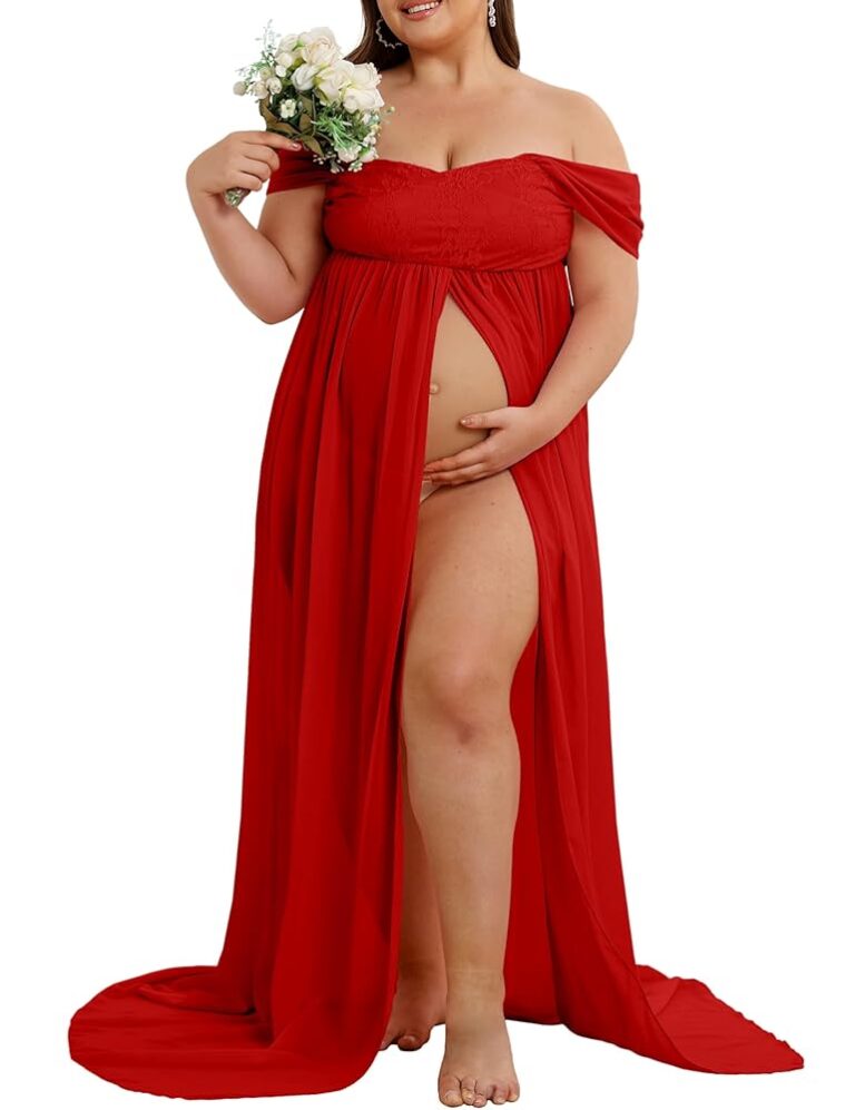 Schulterfreies Umstandskleid aus Chiffon für Fotografie, Maxi-Kleid mit Spalt vorne, ideal für Schwangerschafts-Fotoshootings