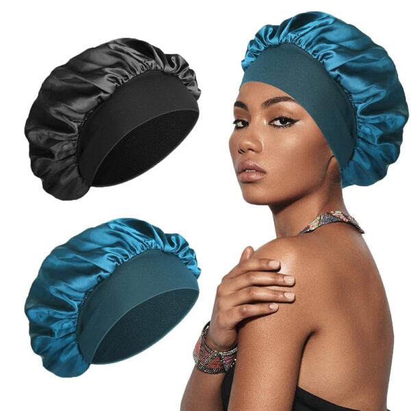 SWEET VIEW Seidenhaube - Weiche und bequeme Satin-Schlafmütze in Schwarz und Pfauenblau, ideal zum Schlafen