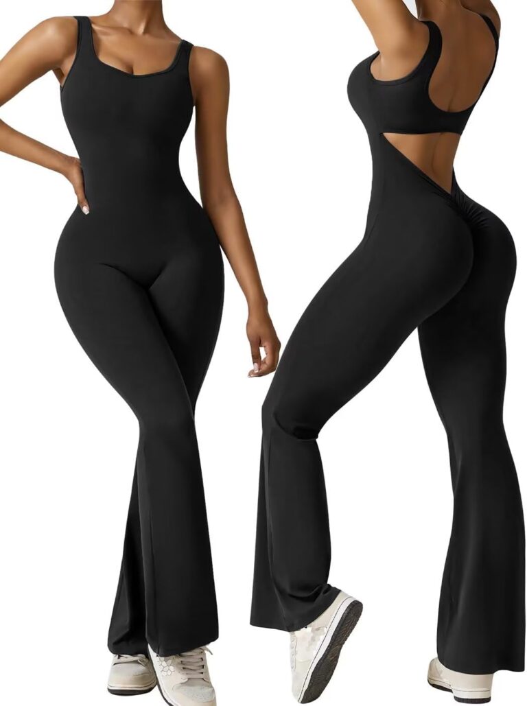 Vertvie Damen Flared Jumpsuit mit Scrunch Butt – Ärmelloser, Rückenfreier Sport-Overall für Yoga und Workout, Bootcut Einteiler, Sexy Playsuit, Ganzkörperanzug für Fitness