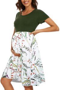 WOOXIO Damen Kurzarm Umstandskleid mit Taschen im Patchwork-Design für Schwangere