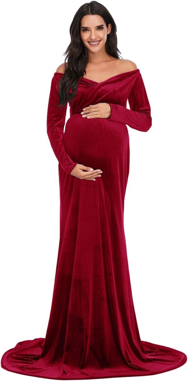ZIUMUDY Schulterfreies Samtkleid für Fotoshootings, langärmlig, Maxi-Kleid für Babypartys
