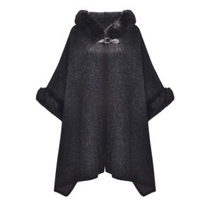 ZLYC Damen Winter Poncho Cape mit Kapuze – Warme Strickjacke aus Kunstpelz
