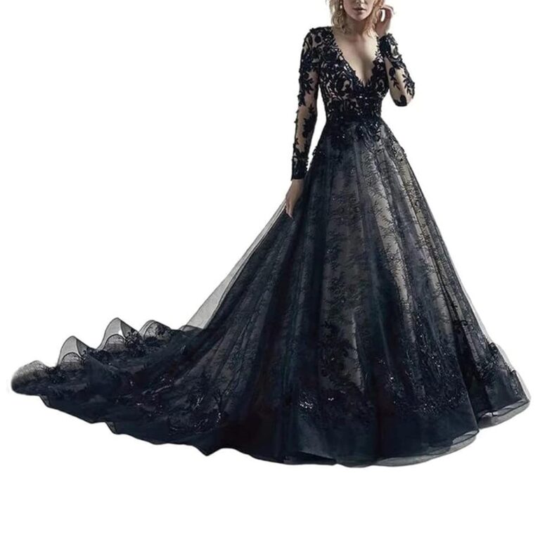 RVUEM Hochzeitskleid Damen - Schwarzes Gothic Ballkleid mit V-Ausschnitt