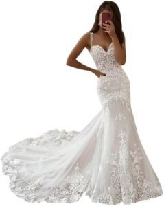 Vintys Damen Tüll Spitze Brautkleid 2024 – Boho Chiffon Hochzeit VT060