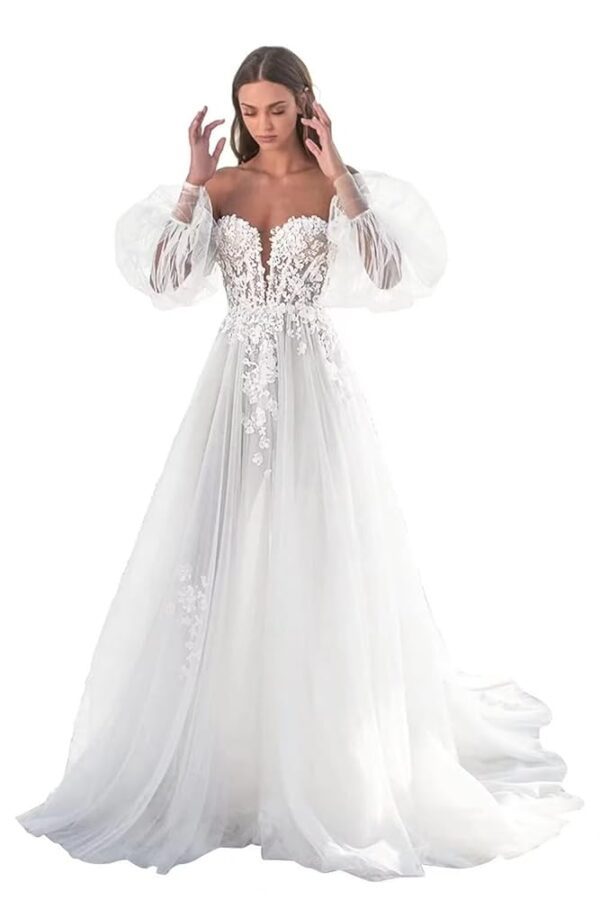 Vintys Damen Tüll Spitze Brautkleid 2024 – Boho Chiffon Hochzeitskleid VT060