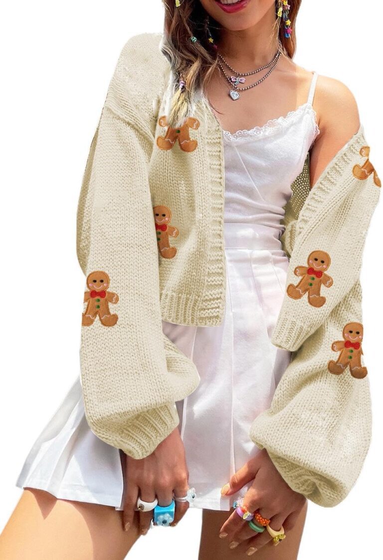 Y2K Damen Strickjacke, langärmlig, offene Front, bauchfrei, blumiges Design, ästhetisch im 90er-Stil, ideal für College-Outfits