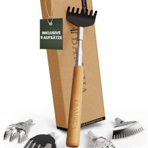 Verstellbarer Rückenkratzer aus Bambus - 5 Aufsätze für Entspannung 4 Verstellbarer Rückenkratzer aus Bambus - 5 Aufsätze für Entspannung