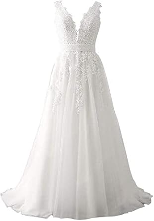 Abaowedding Damen Brautkleid mit Spitze, Applikationen und V-Ausschnitt – Elegantes Abendkleid für die Braut, ideal für Ballveranstaltungen