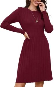 Alaster Queen Damen Strickkleid – Herbst- und Winterkleid, knielang, Pulloverstil mit Rundhalsausschnitt, Langarm, plissiert und warm