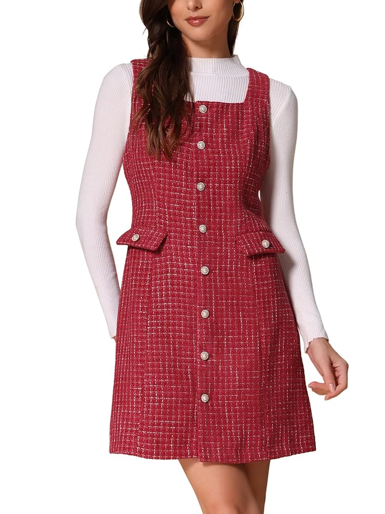 Allegra K Damen A-Linien Kleid aus Tweed mit Ärmellos und quadratischer Knopfleiste