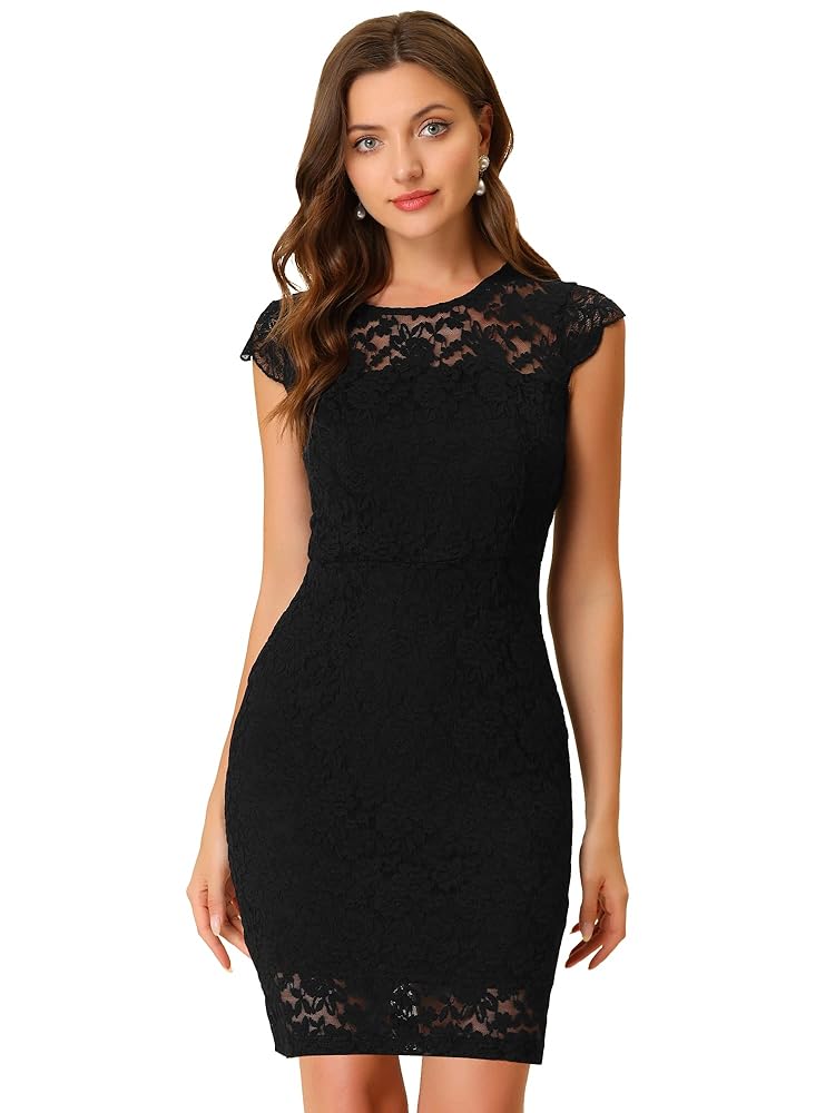 Allegra K Damen Ärmelloses Transparentes Elegantes Bodycon Kleid mit Blumenmuster und Spitze