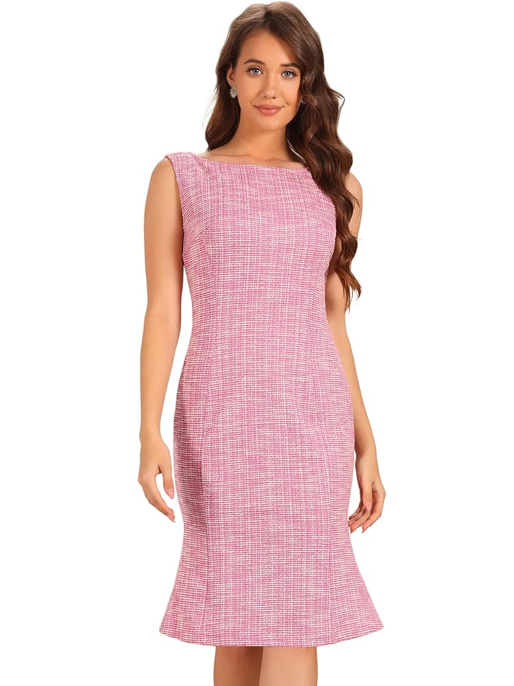 Allegra K Damen Ärmelloses Tweed Kleid - Elegantes Karierte Bodycon Midi Kleid für den Sommer