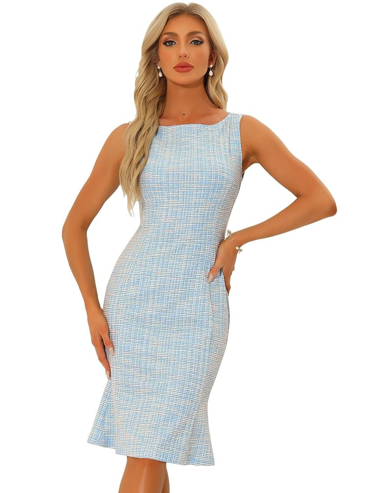 Allegra K Damen Ärmelloses Tweed Kleid – Elegantes Karierter Bodycon Sommer Midi Kleid
