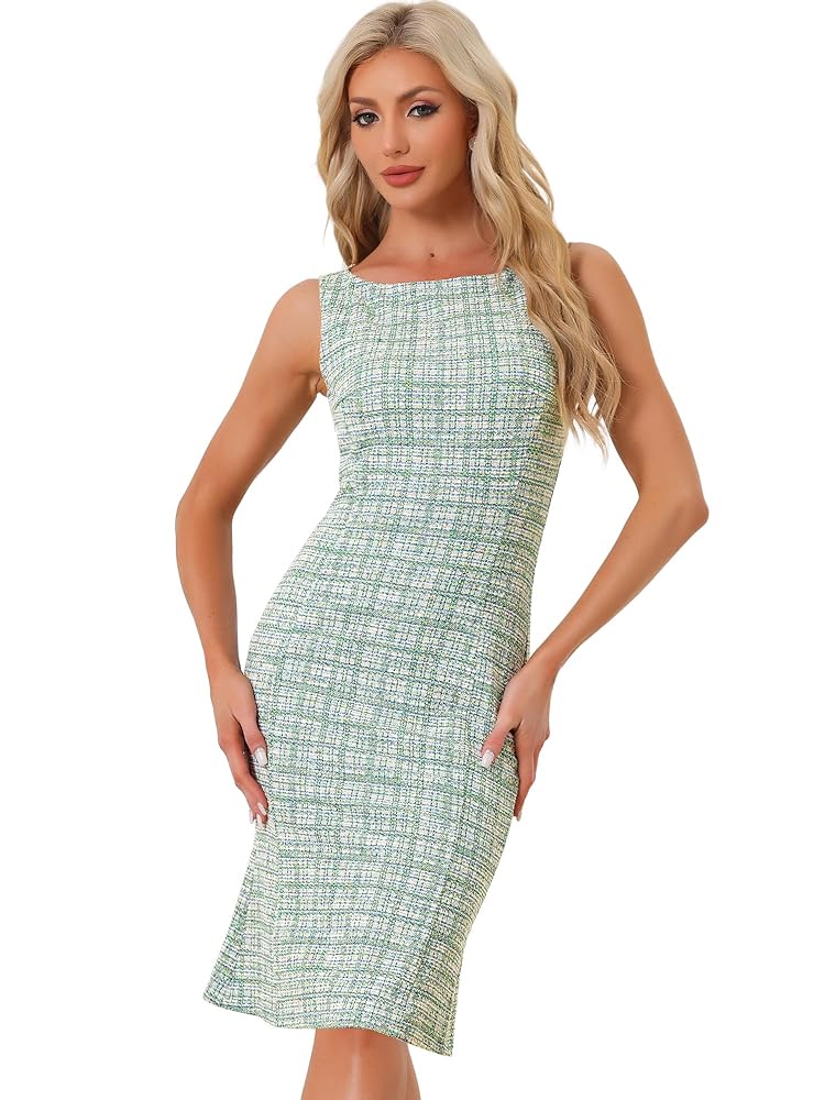 Allegra K Damen Ärmelloses Tweed Kleid - Elegantes Karomuster, Bodycon Schnitt, Sommer Midi Kleid