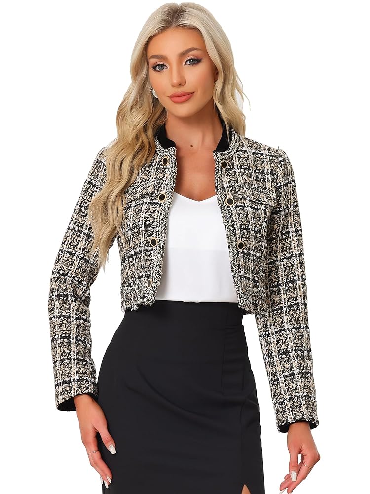 Allegra K Damen Eleganter Kariert Tweed Blazer mit Stehkragen und Zweireihiger Knopfleiste - Bauchfreie Jacke