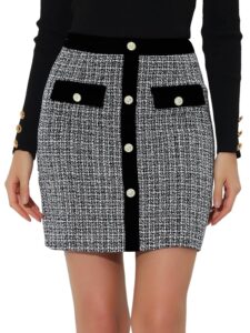 Allegra K Damen eleganter Winterrock mit hoher Taille, Kontrastfarbe und Knopfdekor im Tweed-Karo-Design, Minirock