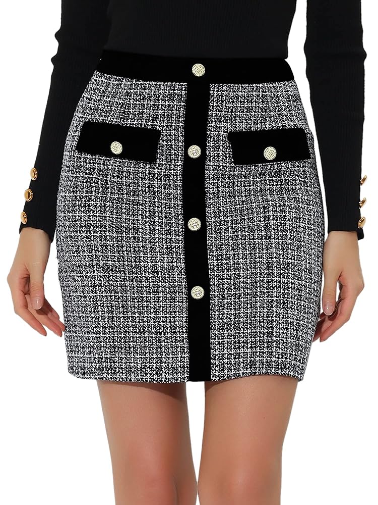 Allegra K Damen eleganter Winterrock mit hoher Taille, Kontrastfarbe und Knopfdekor im Tweed-Karo-Design, Minirock