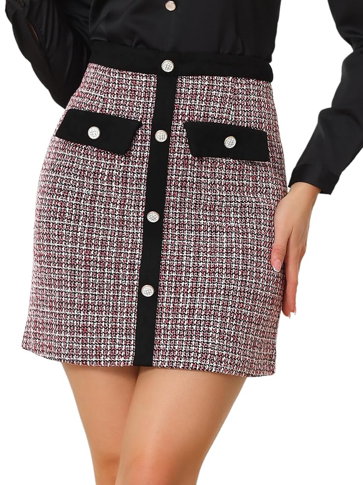 Allegra K Damen Eleganter Winterrock mit Hoher Taille, Kontrastfarbenem Knopfdetail und Karomuster im Tweed-Stil - Minirock